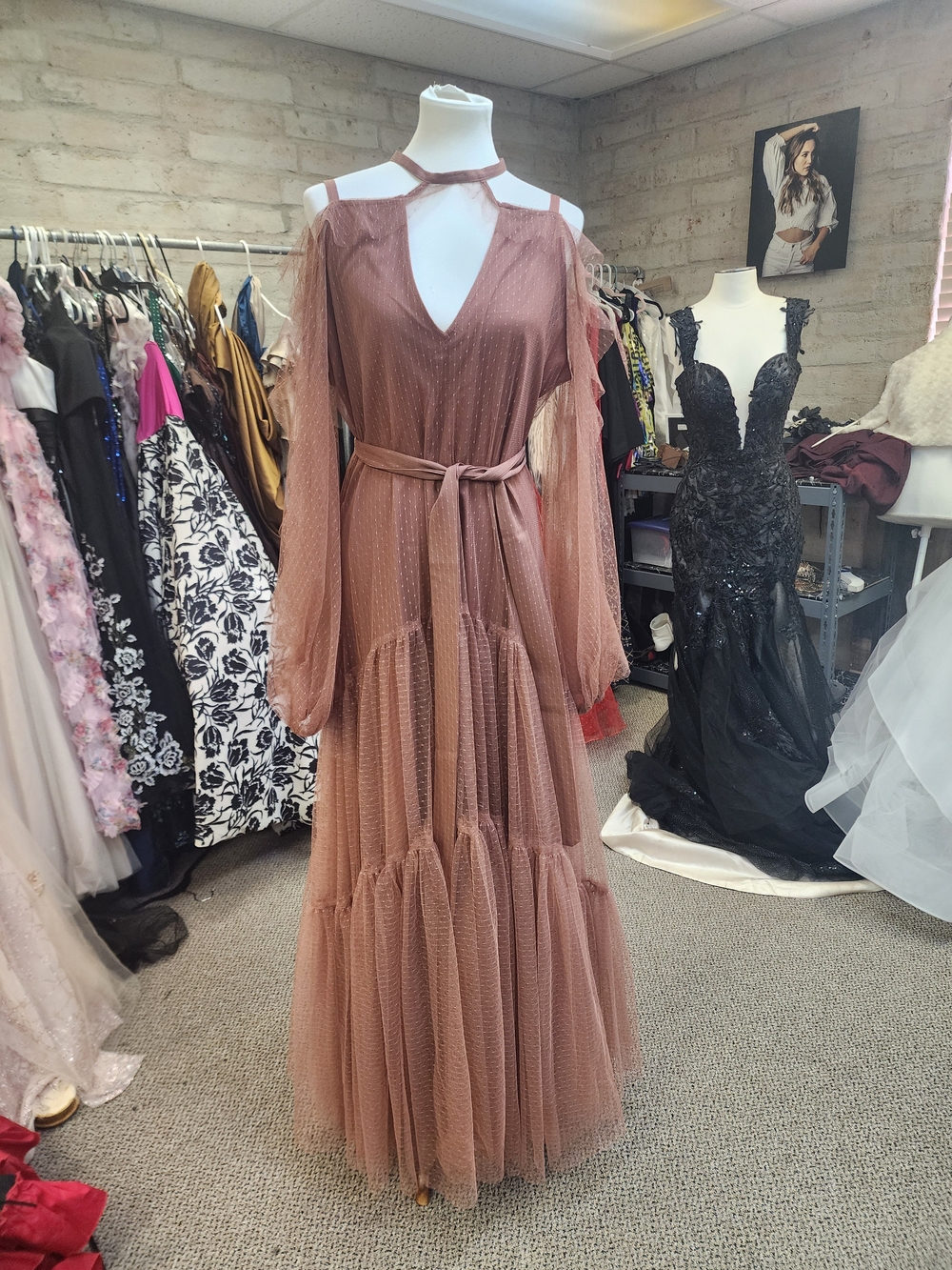 Baltic Born Dusty Rose Cold-Shoulder Tiered Mesh Maxi Dress